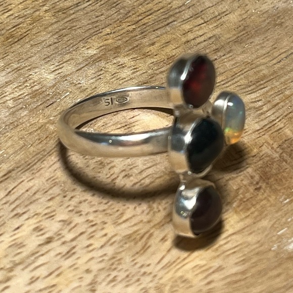 White Ethiopian Opal & Black Opal 925 Sterling Silver Four Stone Open Ring - Picture 12 of 16